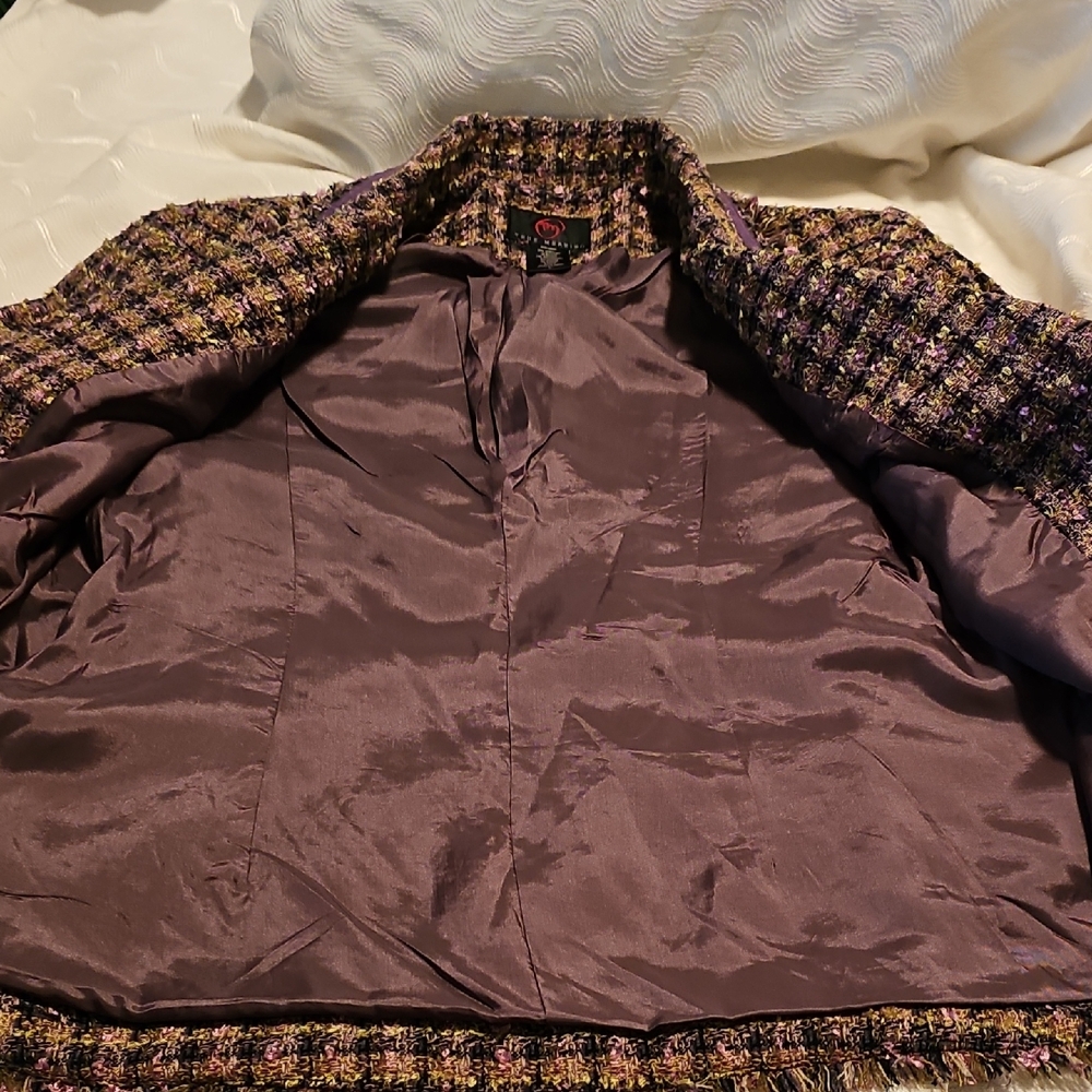 True Meaning Multicolor Tweed Fringe Blazer Womans Large - Picture 5 of 13